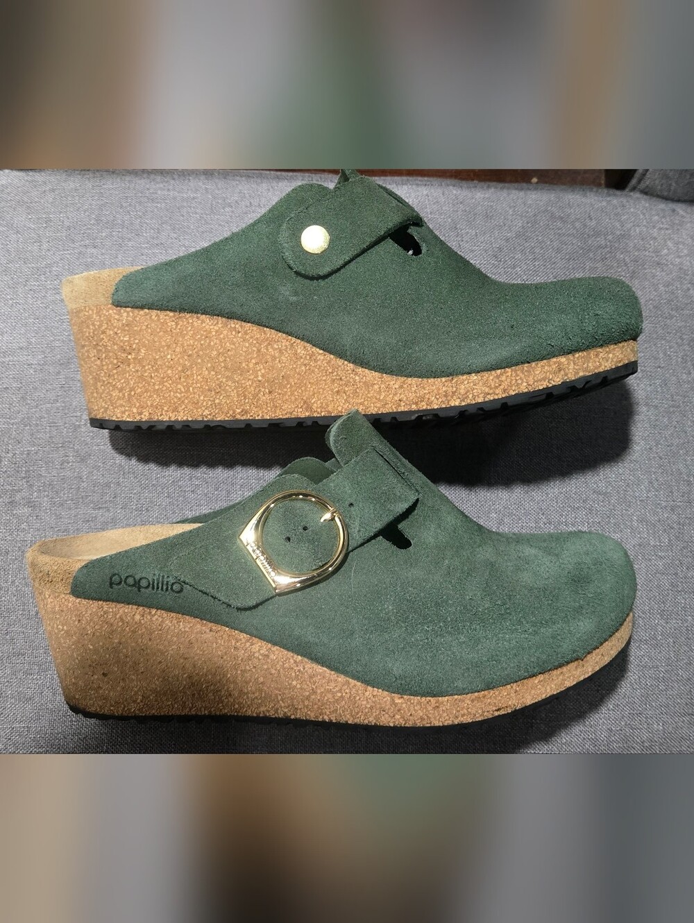 Birkenstock Papillio Olive Green Suede Buckle Clogs - Picture 5 of 6